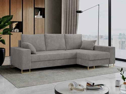 MKS MEBLE Cord Ecksofa - L-Form Cord Sofa mit Schlaffunktion - Wohnlandschaft L Form, Ecksofa mit Schlaffunktion und Bettkasten, Schlafsofa mit Bettkasten, Couch mit Schlaffunktion - Hellgrau Dorian