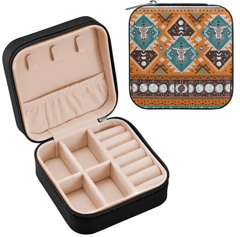 Caihoyu Schmuckkästchen für Damen indisches Tribal-Ornament-Muster mit Totenköpfen PU-Leder tragbar für Ringe Ohrringe Halsketten Uhren Geschenke für Mädchen Damen Damen Azteken-Henna-Tattoo-Stil