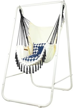 HMKSPC Heavy Duty Hanging Hammock Chair, Indoor/Outdoor Macrame Swing Chair, Large Hammock Hanging Chair with 2 Cushions, Max 550 Lbs, Hanging Chair Set for Bedroom (Sapphire Paw)