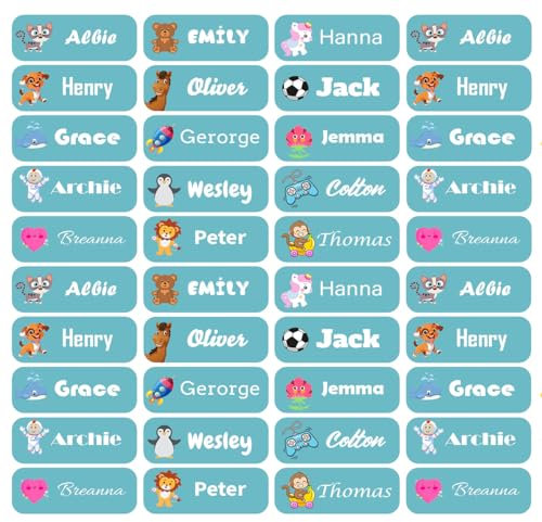 60 Personalised Stick on Name Labels Tags for School Books Bottle Boxes Bags Name Tags Washable Waterproof No Iron Sticker (Blue)