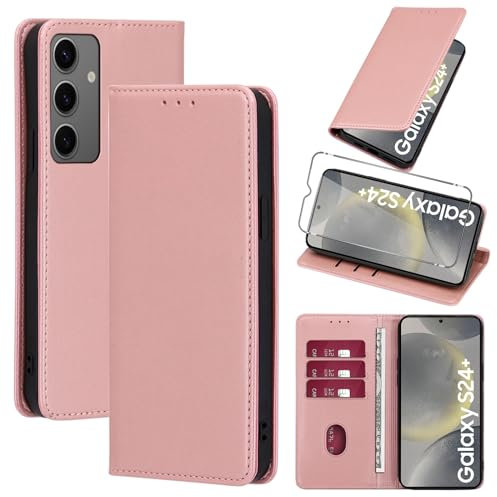 Vauki Coque Cuir pour Samsung Galaxy S24 Plus 6.7 avec 1 Verre Trempé Etui à Rabat en PU Porte-Cartes Portefeuille Support Flip Housse Magnétique Antichoc Anti-Rayures Case,Rose-Gold