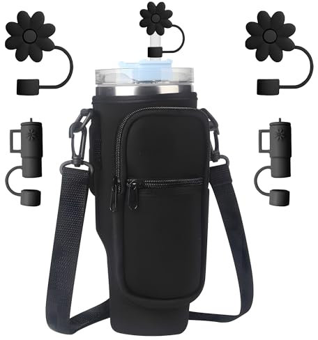 Sac de transport Stanley noir, porte-gobelet pour gobelet Stanley de 1200 ml avec poignée, sac de transport Stanley avec 4 décorations en paille noire pour accessoires de tasse Stanley