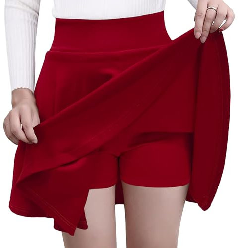 GOOBGS Women's Casual Versatile Mini Skater Stretchy Skirt with Shorts Red Medium