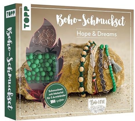 TOPP Boho-Schmuckset Hope & Dreams (Grün): Anleitung und Material für 5 Armbänder im Boho Look zum Selbermachen. Bänder, Biegeringe, Perlen und Anhänger. Nickelfrei