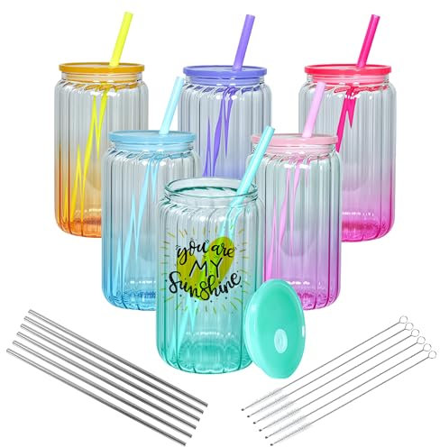 AGH life 6 Pack 16oz Sublimation Glass Cups Blanks with Lids and Straws, Clear Colored Gradient Glass Cans Vertical Stripes, Borosilicate Glass Tumbler, Sublimation Beer Can for Iced Coffee Juice