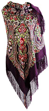 Bunter Slawischer Folklore-Stil Damen Wickelschal in Violett mit Fransen