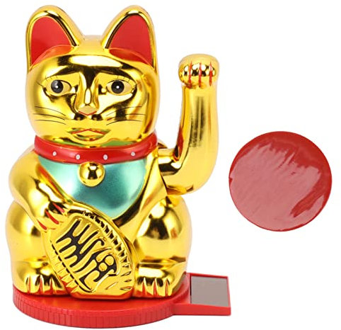 Cyrank Lucky Fortune Cat, Lucky Cat Winkearm Lucky Cat Decor Lucky Feng Shui Cat Solarbetriebene Süße Winkekatze Mit Doppelseitigem Aufkleber(Gold)