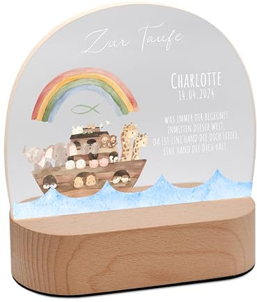 Bärenfreunde® - Personalisiertes Nachtlicht für Babys - Nachttischlampe für Kinder - Personalisierte Geschenke Kinder - Babygeschenk, Taufgeschenk, Geschenk zur Geburt (Arche Noah Tiere Regenbogen)