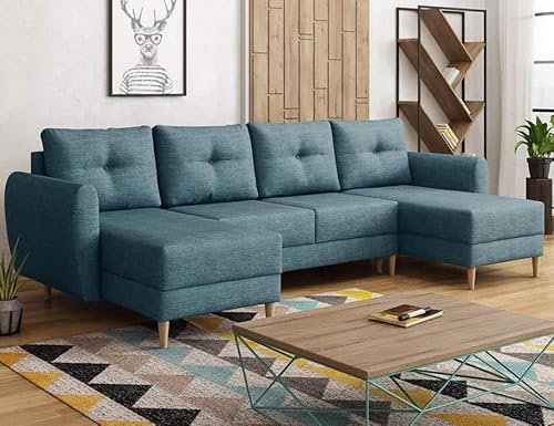 Easy4You Blau Ecksofa Manstad in U-Form 305x95x145 cm mit Schlaffunktion und Bettzeugbehälter - Schlafsofa mit Bettkasten und Holzfüße - Eckcouch mit Stauraum - Stoff: Lux 33