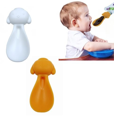 WeddHuis 2 Pièces Cuillère Bébé Squeeze, Cuillère d'Alimentation Réutilisable, Cuillère de Sevrage Autonome, Cuillères Distributeur en Silicone, Accessoires de Cuillère Squeeze (blanc, orange)