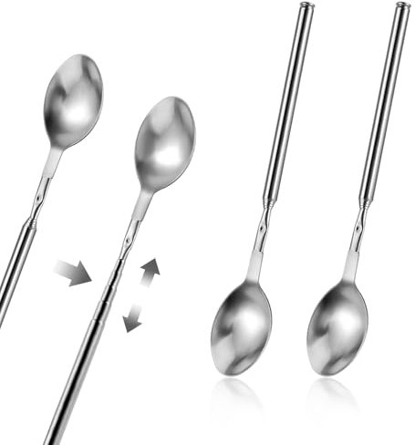 2 cucharas extensibles de 8.7 a 25.5 pulgadas, cuchara telescópica de acero inoxidable, cuchara de mango largo, cucharas de cocina Quenelle para barbacoa, camping, té helado