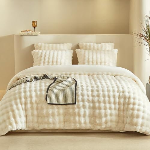 Lekesky Plüsch Bettwäsche 200x200 - Flauschige Bettwäsche aus Flauschig Kaninchenfellimitat - Beige Winterbettwäsche 200x200 mit Reißverschluss und 2 Kissenbezug mit Reißverschluss 80x80cm