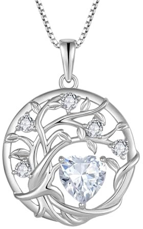 FJ Tree of Life Necklaces for Women 925 Sterling Silver Family Tree Necklace Cubic Zirconia Pendant April Birthstone Jewellery Birthday Gifts for Her