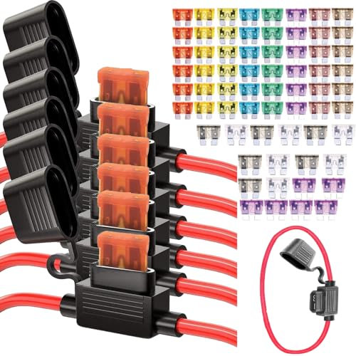 6pcs Inline Fuse Holder 12V, 12 AWG Waterproof Fuse Holder with 66 Pcs Standard Car Fuses (2A/3A/5A/7.5A/10A/15A/20A/25A/30A/35A/40A, in Line Fuse Holders for Marine Auto Electrical Circuits.