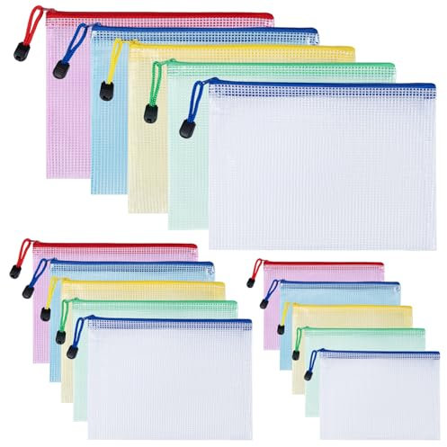 Carehabi Cartellina portadocumenti colorata A3 + A4 + A5, 15 pezzi impermeabile Document Case, sacchetto in rete con chiusura lampo, tasca con cerniera per documenti, cosmetici (3 misure)
