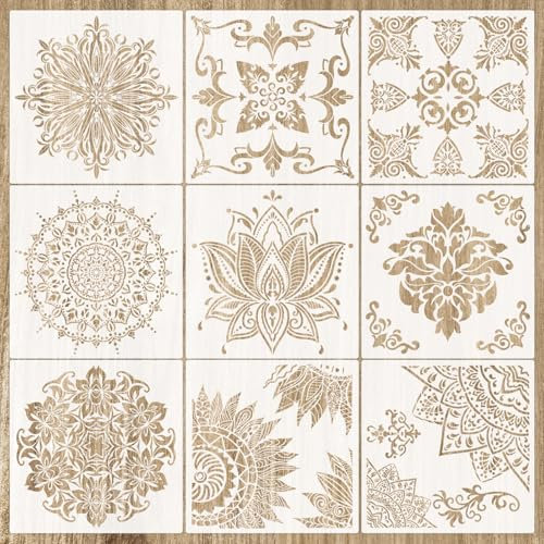 Sxutop 9 Pièces Grande Mandala Pochoirs pour Peinture 30 x 30CM Pochoir Mandala Stencils Kit Réutilisables Modèles de Peinture Mandala Plastique Lavable Pochoir Peinture Dessin pour Mural Tissus Bois