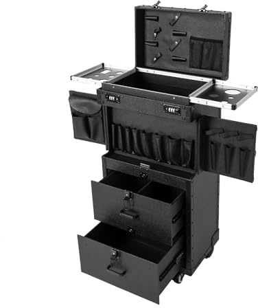 Kosmetik Trolley 4-in-1 Make up Koffer Kosmetikkoffer Trolley, Abschließbar Schminkkoffer Groß Friseurkoffer Koffer Beauty Case Nagelkoffer Multikoffer für Reise Kosmetikerin Friseurerin (Schwarz)