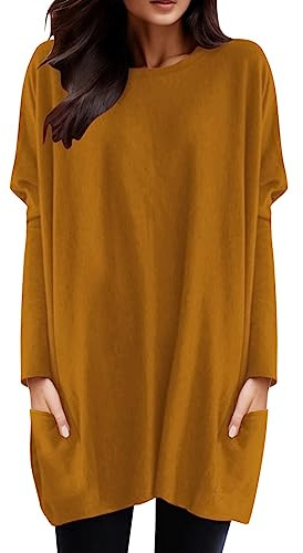 Generisch Longpullover Damen Sweatshirt Pullover Basic Langarmshirt Oversize Rundhals Langarm Pulli mit Taschen Herbst Winter Casual Oberteile Tops für Leggings
