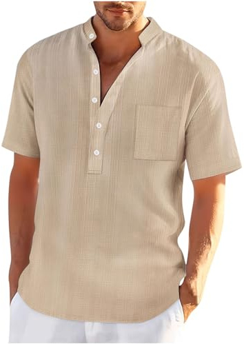 Chemise Col Mao Homme Lin Manche Courte Décontractée Chemises Hommes Couleur Unie Business Casual Bouton Henley Shirts Regular Fit Chemisier de Plage Leger Respirant Haut Tops Pas Cher