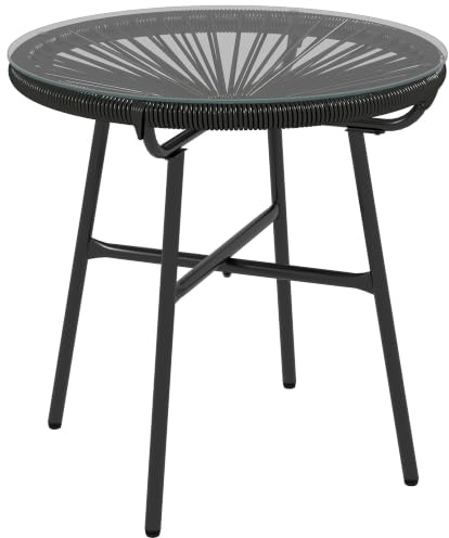 Outsunny Mesa de Jardín de Ratán Sintético Patas de Metal Ø50x50 cm Negro | Mesa de Centro Redonda para Exteriores, Tablero de Vidrio Templado, para Patio Balcón