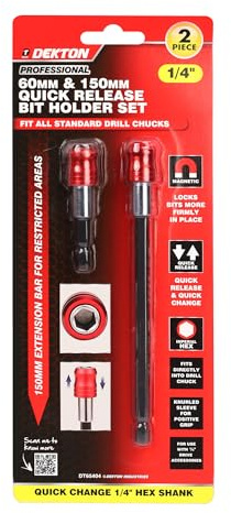 Dekton 2 x 6,35 mm Schnellwechsel-Bit, Fix-Halter Pro, ideal für Zuhause, Werkstattbauer, zur Verwendung mit 1/4-Zoll-Antriebszubehör, gerändelte Hülse für positiven Halt, passt direkt in Bohrfutter