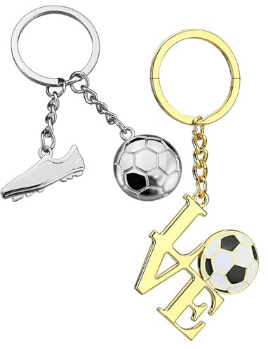 TPZORJX 2 Pièces Porte-Clés de Football,Pendentif de Football en Acier Inoxydable,Personnalisé Porte Clef,Cadeau pour Hommes,Adultes,Enfant Porte-clés Métal pour Fan Sport(Or,Argent)