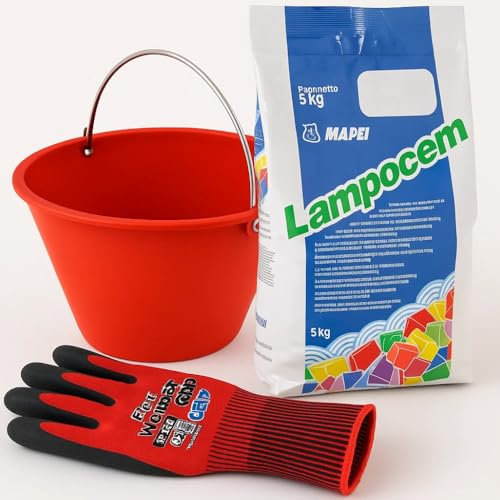 FORTUNATO Kit Ancoraggi Fissaggi Rapidi Riparazioni Cemento Rapido 5 Kg Guanti Lavoro Nitrile Taglia XL Secchio Rosso Diametro 36 cm 12 L