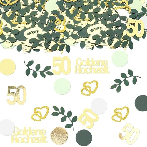 GoldRock Glitzer Goldene Hochzeit Deko Konfetti Groß, 100 Stück Herzen Deko Goldene Hochzeit 50 Jahre, Tischdeko Goldenen Hochzeite Streudeko, Hochzeitsdeko Tisch Grün Gold, Herz Hochzeitsdekoration