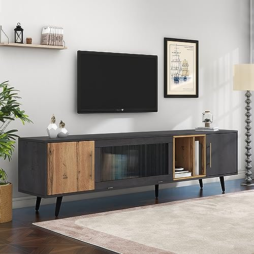 Merax Mobile basso per TV, 200 cm, moderno supporto per TV con porta in vetro scanalato, vano portaoggetti aperto, semplice, per soggiorno, camera da letto, soggiorno, colore legno e grigio
