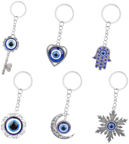 Jeqqinuz 6 Stück Evil Eye Schlüsselanhänger Blau Schlüssel Glücksbringer, Talisman Blaue Augen Autoschlüsselring Evil Eye Ornament Amulett Dekoration für Damen Tasche Schlüssel Schmuck