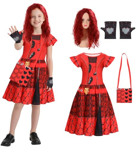 Claofoc Red Descendants Kostüm für Mädchen 4 Stück Rise of Red Overalls mit Perücke Tasche Handschuhen Descendant 4 Kostüm für Kinder Karneval Halloween Cosplay Outfits Set (140)