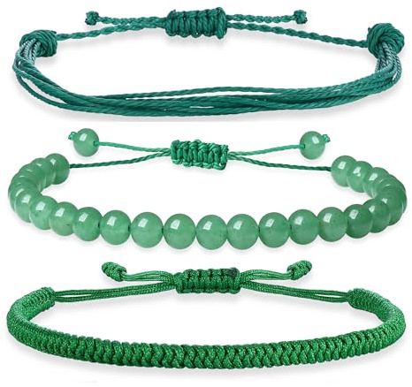 XIANNVXI 3 Pcs Green Bracelets for Women Green Aventurine Crystal Braided Woven Adjustable Rope String Bracelets Set for Women Ladies Jewellery Set Stack