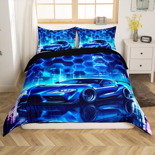 Homemissing Blaue Rennwagen Bettwäsche Set 135x200cm Kinder Extreme Sportarten Bettwäsche Jungen Mädchen Neon Honeycomb Bettbezug Set Sportwagen Muster, Weiche leichte Mikrofaser