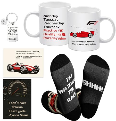 EccoDen F1 Gifts for Men – Formula 1 Merchandise Gift Set with Mug, Funny Socks & Keychain, Racing Fan Gift for Dad Boyfriend Him, Motorsport Birthday Present for Formula One Fans