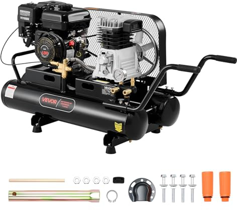VEVOR 9 Gallon Twin-Tank Gas Powered Air Compressor, 6.5HP 9CFM Gas Driven Air Compressor Tank on Wheels, Max 115PSI Piston Pump Air-Compressed System for Tire Inflation, Auto Repairs, Spray Painting
