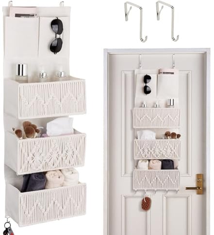 Autumnlife Hängeorganizer mit 3 Taschen, Boho Makramee Wand Organizer mit Haken, Hängende Aufbewahrung aus Baumwolle für Schlafzimmer, Badezimmer & Küche