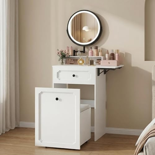 YOURLITE Dressing Table with LED Lights, Compact Makeup Desk, Integrated Vanity Desk Set, Adjustable Position Mirror, Fold-up Panel and Cushioned Storage Stool for Small Spaces, White
