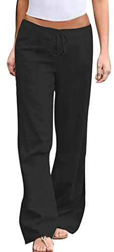 Pantalon taille basse en lin pour femme - Pantalon en lin pour femme - Taille élastique - Pantalon de plage avec poches - Confortable - Ample - Pantalon de yoga ample et léger - Pantalon large