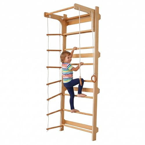 Relaxdays Wall Bars, Kids, Pull-up Bar, Climbing Rings, Natural | Rope Ladder, HxWxD: 215 x 80 x 57.5 cm