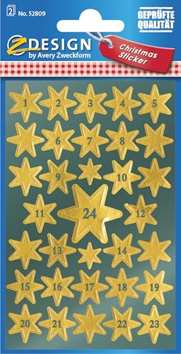 AVERY Zweckform 66 Aufkleber Weihnachten Sterne gold (Made in Germany, Weihnachtskalender, Glanzpapier, selbstklebende Weihnachtsdeko, Zahlen 1-24, Adventskalenderzahlen, Sticker Weihnachten) 52809