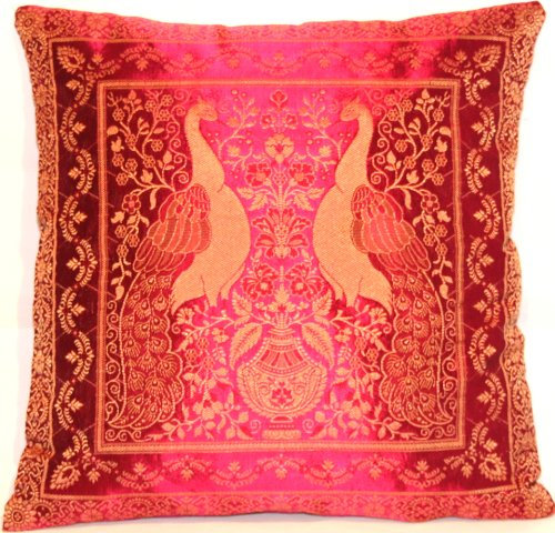 Kashmir Handicrafts Rosa Farbe Indische Seide Deko Kissenbezüge 40 cm x 40 cm, Extravaganten Pfau Design für Sofa & Bett Dekokissen, Kissenhülle aus Indien. Angebot gültig bis zum Ende des Monats