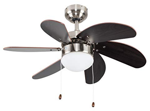MiniSun | Silver Chrome and Wood Modern 6 Blade Ceiling Fan with Flush Light | LED Bulbs, Home Décor & Improvement Essential | Includes 1x 4W LED E14 Light Bulb with 3000K Colour Temperature