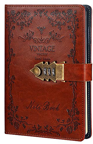 NectaRoy Lockable Diary Lock Journal, PU Leather Cover Writing Notebook Planner, Wire Binding Lined Daily Travel Journal with Lock, Password Notepad with Pen Holder, 215x150mm