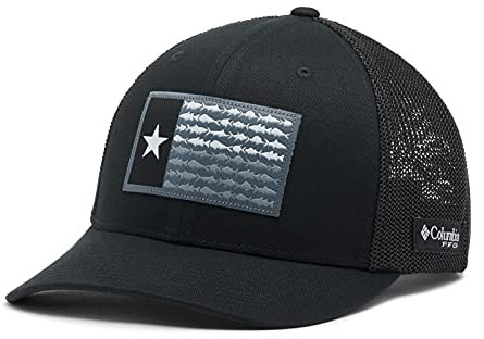 Columbia PFG Flag Mesh Ball Cap High Crown Black/Black/Texas Fish, Small/Medium