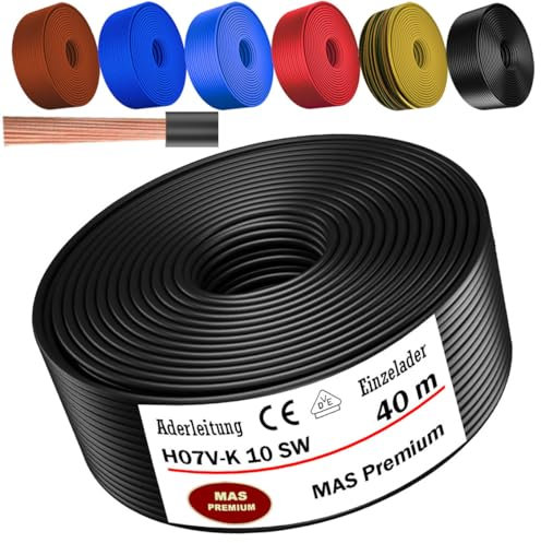 MAS Premium Cavo da 5 a 100 m H07 V-K 10 mm², nero, marrone, blu scuro, verde, blu chiaro o rosso, cavo singolo flessibile (nero, 40 m)