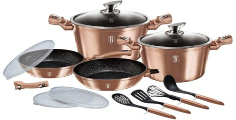 Berlinger Haus, Batterie de Cuisine de 13 Pièces, Collection Rose Gold, revêtement en marbre antiadhésif à 3 couches, Poignée de touche souple ergonomique, Pour tous feux