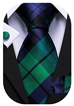 Barry.Wang Tie Set Plaid Man Necktie Stripe Tie Check Silk Cufflinks Handkerchief (Blue Green Plaid)