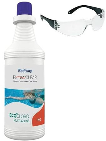 Bestway EcoCloro 10 azioni 1Lt, Ecologico, Non Chimico, Sanificante, Antialghe, Azzurrante con occhialini Anti UV Utilia