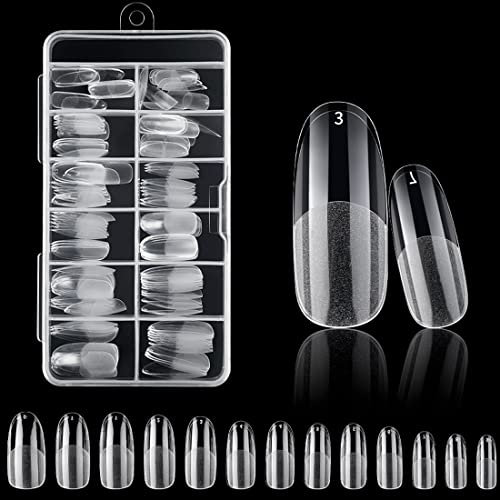 120PCS Clear Half Frosted Nails Tip Almond Acrylic Fake Nails Full Cover Artificial Nail Tips 12 Sizes Oval False Nails Medium Length For Nail Salons and Home