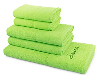 Frottana Pearl Handtuch-Set, 2 Handtücher 50 x 100 cm & 2 Duschtücher 67 x 140 cm & 1 Saunatuch (Bestickt) 80 x 200 cm aus 100% Baumwolle, wild Lime